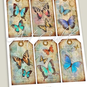 Printable Digital Collage Sheet instant Download BUTTERFLIES Gift Tags Vintage Paper for DIY Jewelry Holders Greeting Cards Scrapbooking image 2