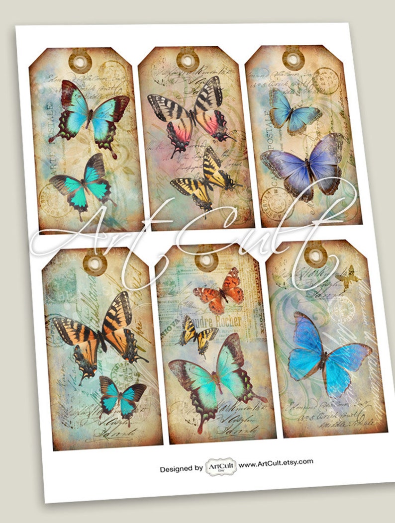 Printable Digital Collage Sheet instant Download BUTTERFLIES Gift Tags Vintage Paper for DIY Jewelry Holders Greeting Cards Scrapbooking image 2