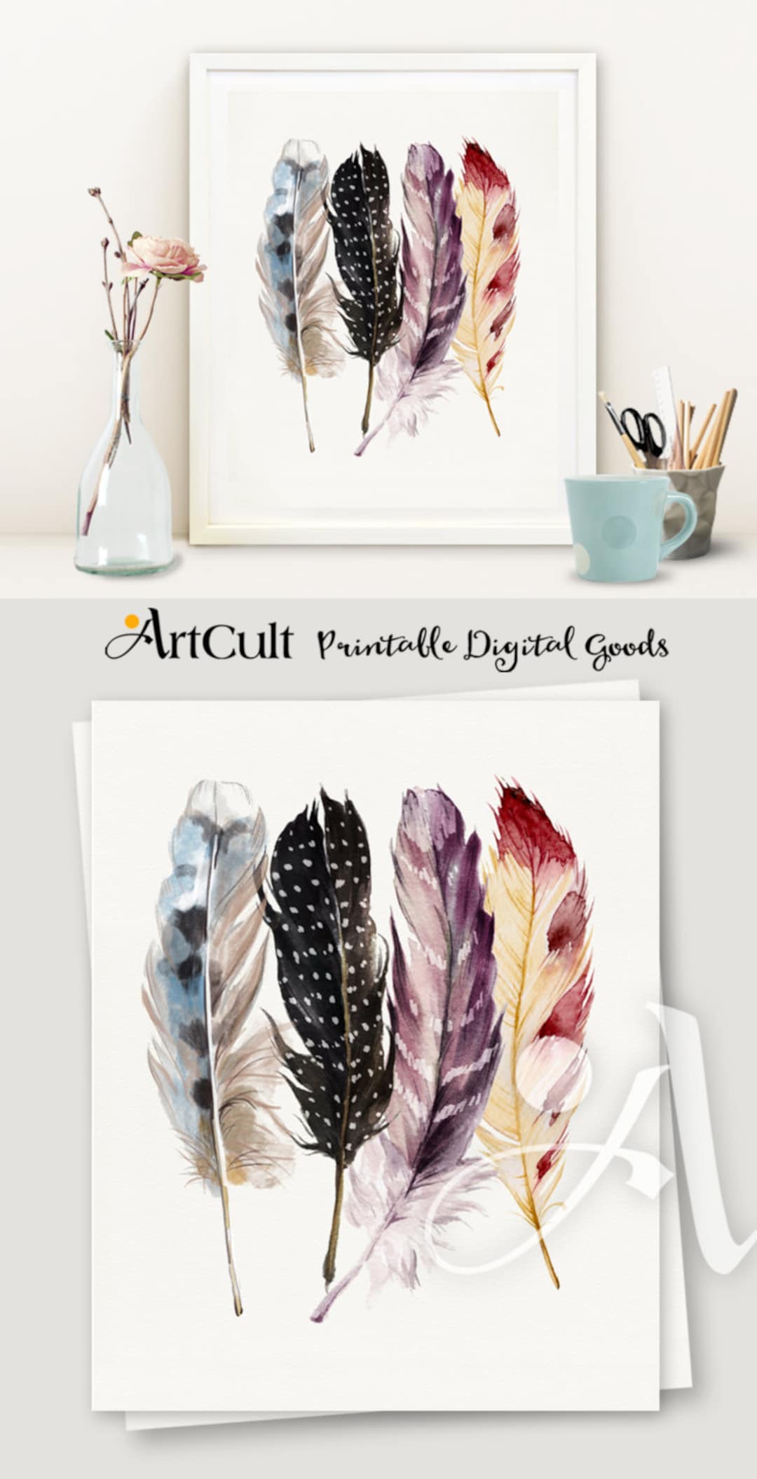 Printable Boho Style Artwork FOUR FEATHERS Digital Download - Etsy