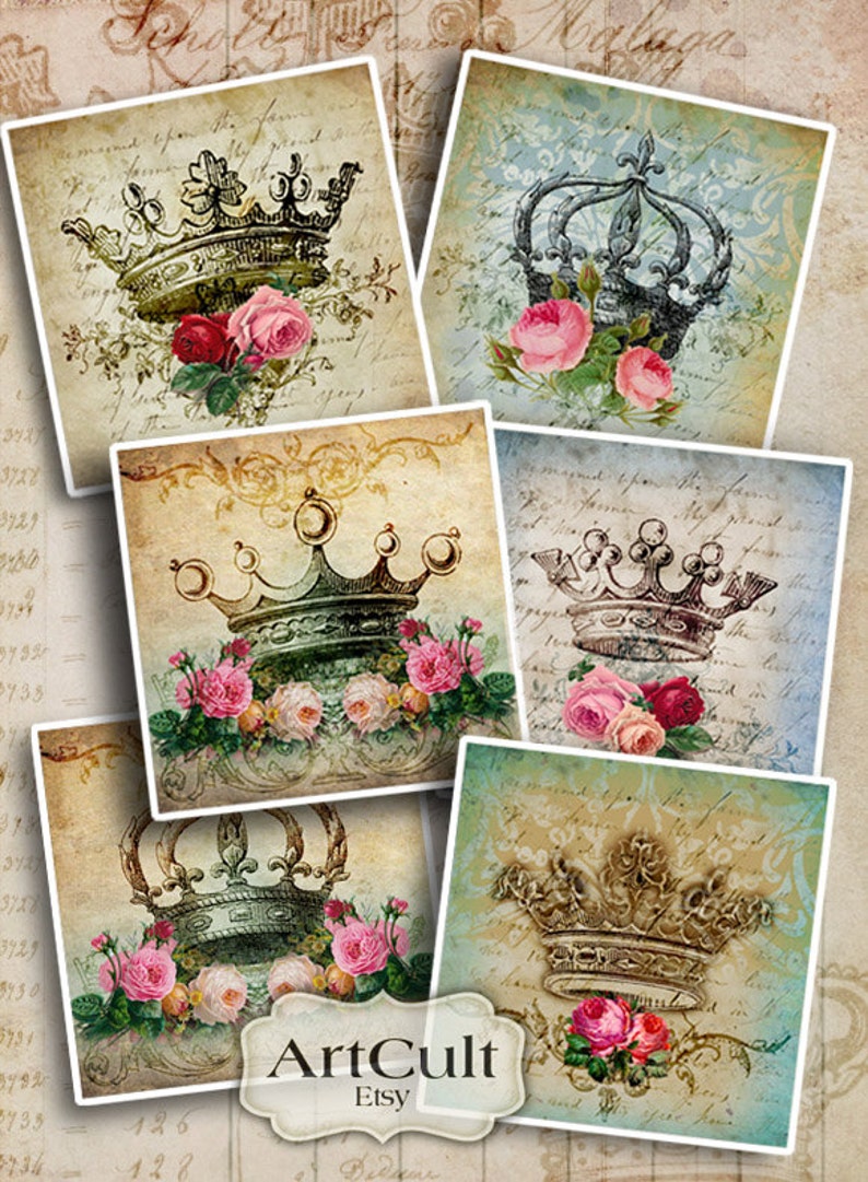 Printable Download images CROWNS Digital Collage Sheet 2x2 inch size mini cards for scrapbooking gift tags paper craft Art Cult graphics