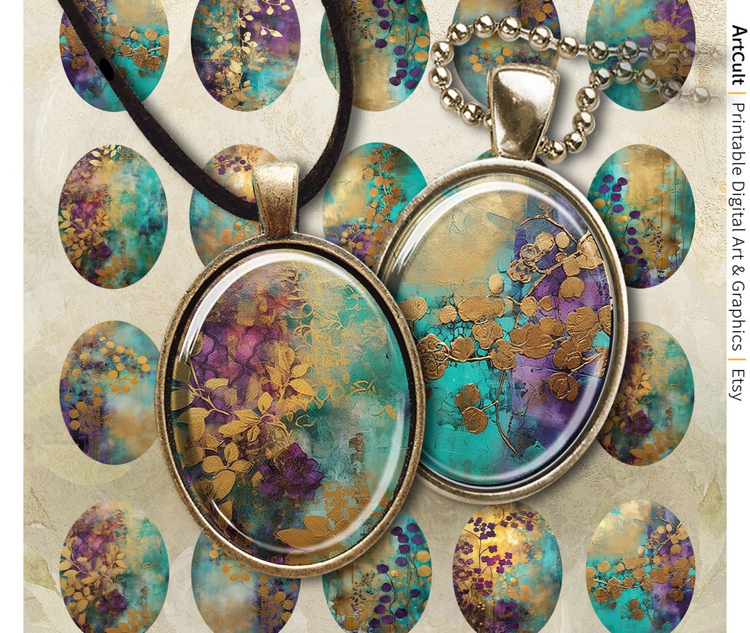 Printable 30x40mm Oval Images, Digital Download GOLD TURQUOISE PURPLE ...