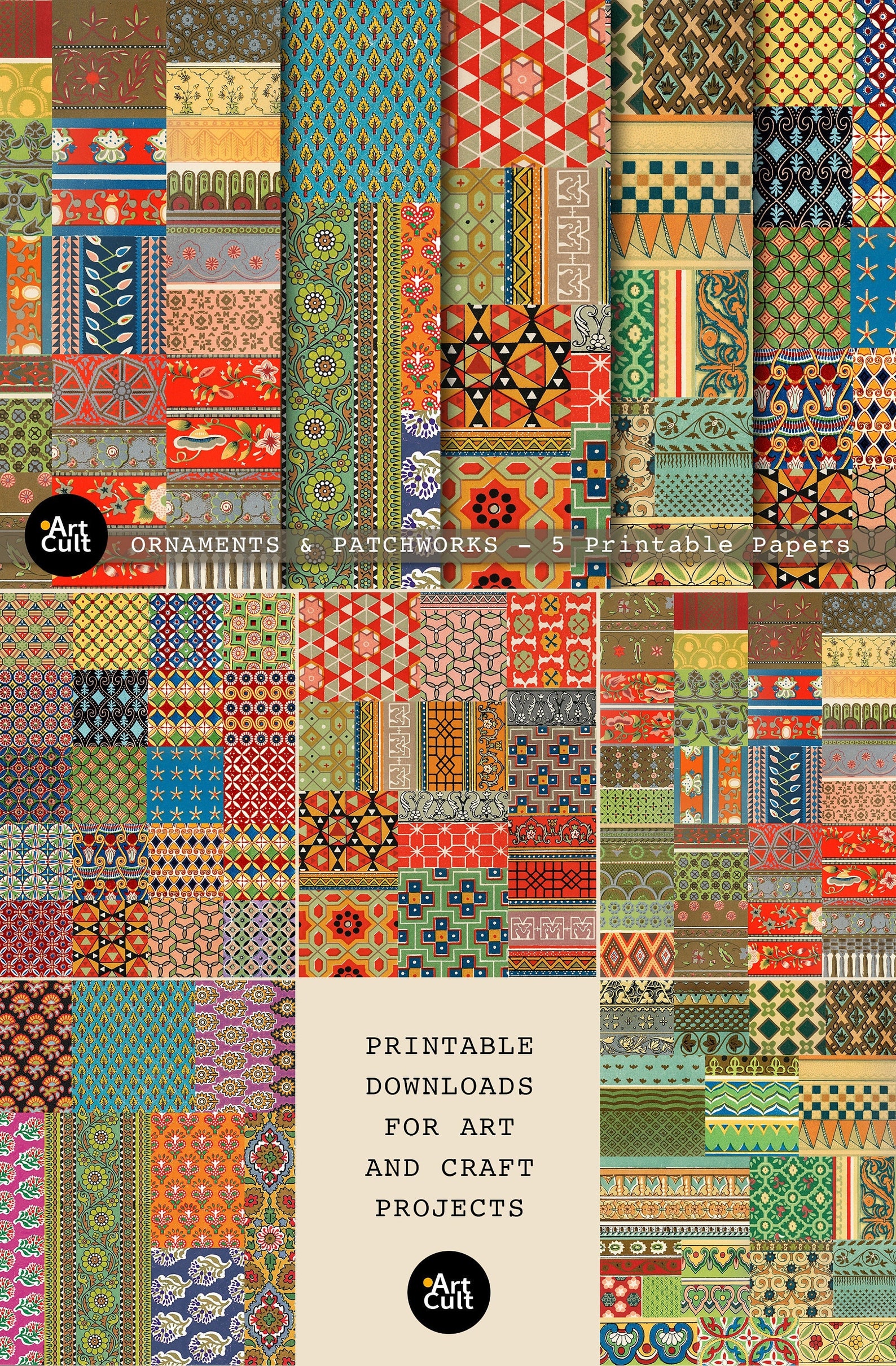 Printable Digital Papers ORNAMENTS &amp; PATCHWORKS 5 Large Sheets - Etsy