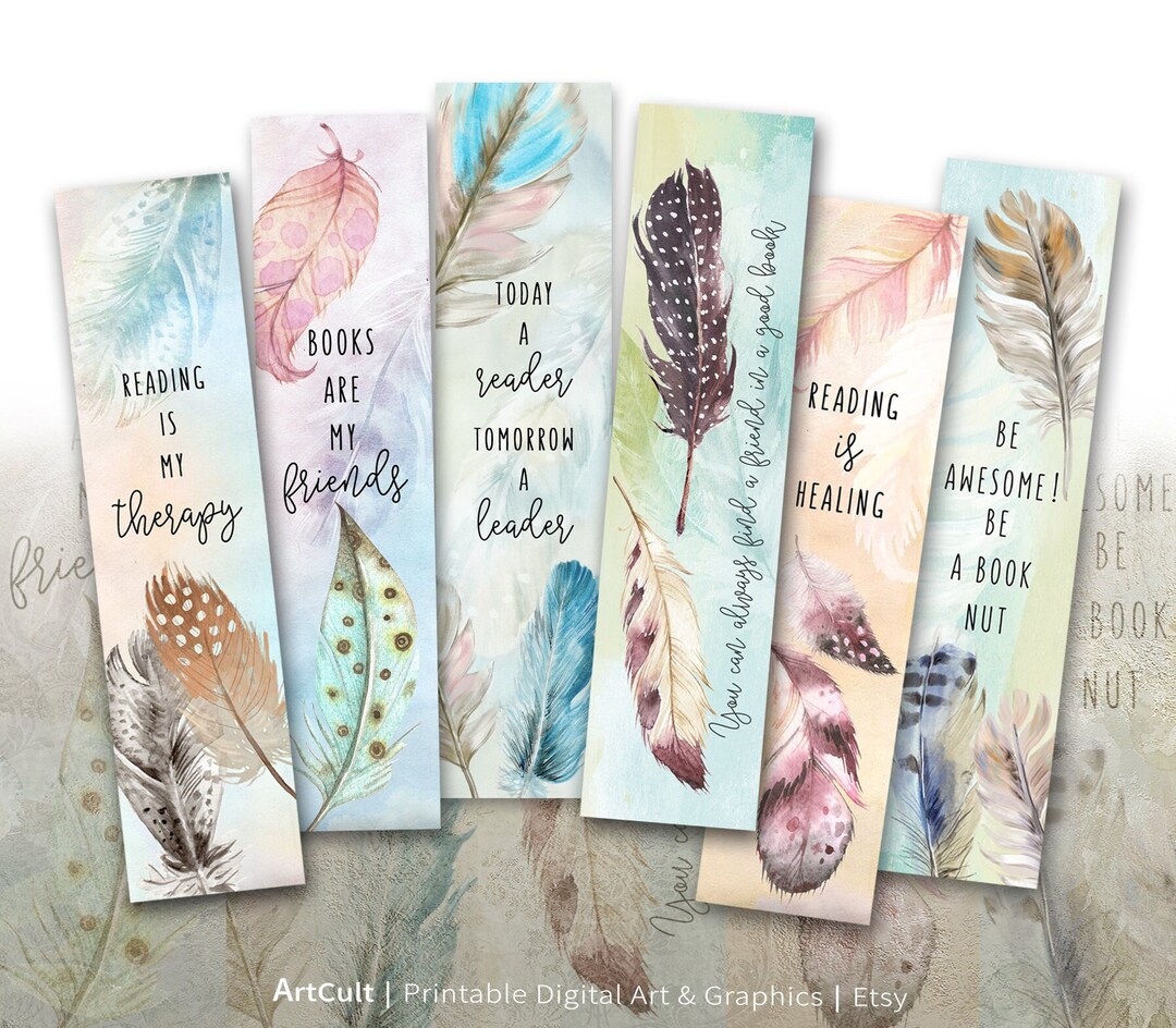 Printable Bookmarks, Digital Download BOOK LOVERS Feathers and Quotes ...