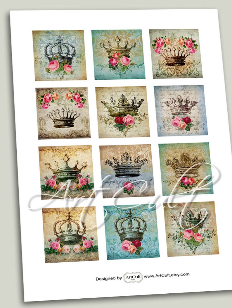 Printable Download images CROWNS Digital Collage Sheet 2x2 inch size mini cards for scrapbooking gift tags paper craft Art Cult graphics