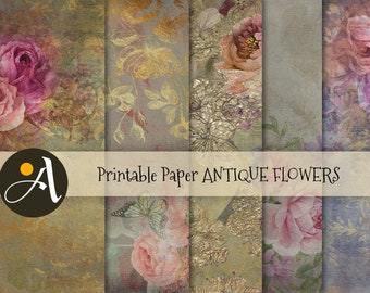 Printable digital papers ANTIQUE FLOWERS 5 large sheets for craft art projects photography scrapbooking journaling decoupage ArtCult designs