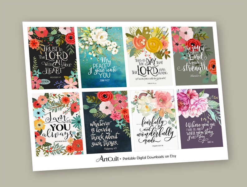 Printable BIBLE VERSES TAGS Scripture Art, Eight 2.5x3.5 size Cards, digital collage sheets, instant download, Set No.7, ArtCult designs image 2