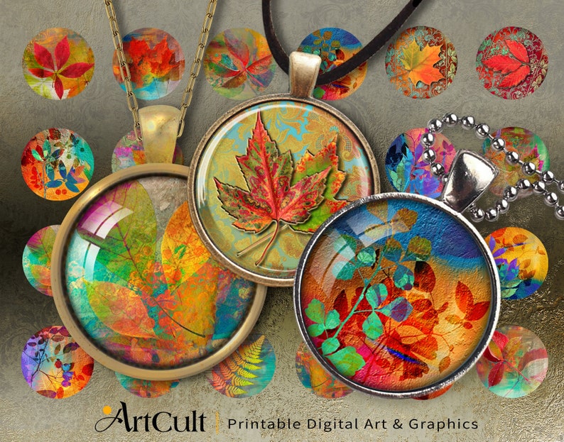 1 inch 1.2 inch 25mm, 30 mm size images Printable Download FALL LEAVES Digital Sheets for pendants, bezel findings, magnets etc. ArtCult image 1