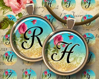 1 inch (25mm) images ROMANTIC CIRCLE INITIALS Printable Digital Download Collage Sheet for glass or resin pendants magnets bottle caps