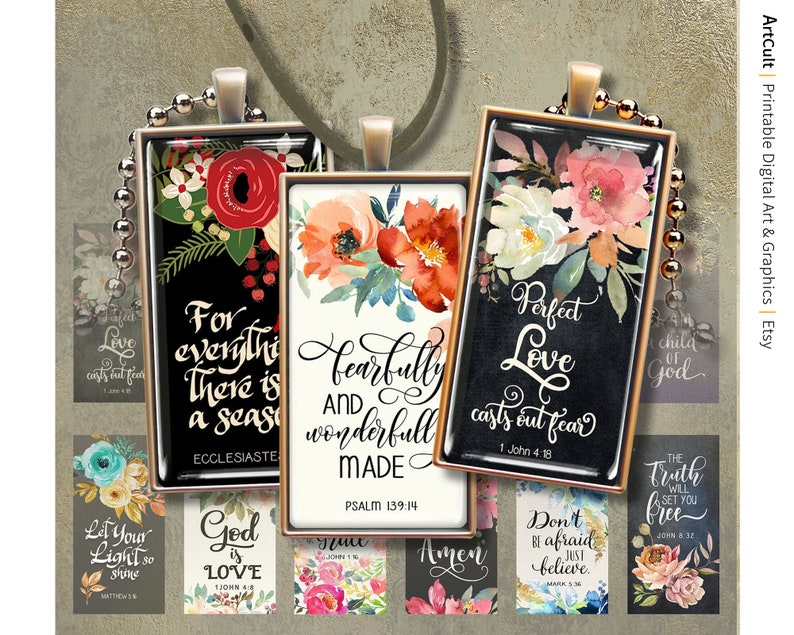 Pu&ograve; includere: Un set di 10 immagini digitali stampabili con motivi floreali e citazioni ispiratrici. Le immagini sono perfette per creare artigianato personalizzato, come gioielli, segnalibri e decorazioni per la casa. Le citazioni includono "L'amore perfetto scaccia la paura", "Per ogni cosa c'&egrave; una stagione", "Fatto con amore e meraviglia", "Fa' che la tua luce risplenda", "Dio &egrave; amore", "Grazia", "Amen", "Non aver paura, credi semplicemente", "Figlio di Dio", e "La verit&agrave; vi render&agrave; liberi".