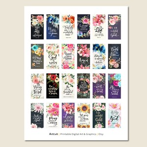 Pu&ograve; includere: Un set di 20 carte floreali digitali stampabili con versetti biblici ispiratori. Ogni carta presenta un diverso design floreale e un versetto biblico in font bianco.