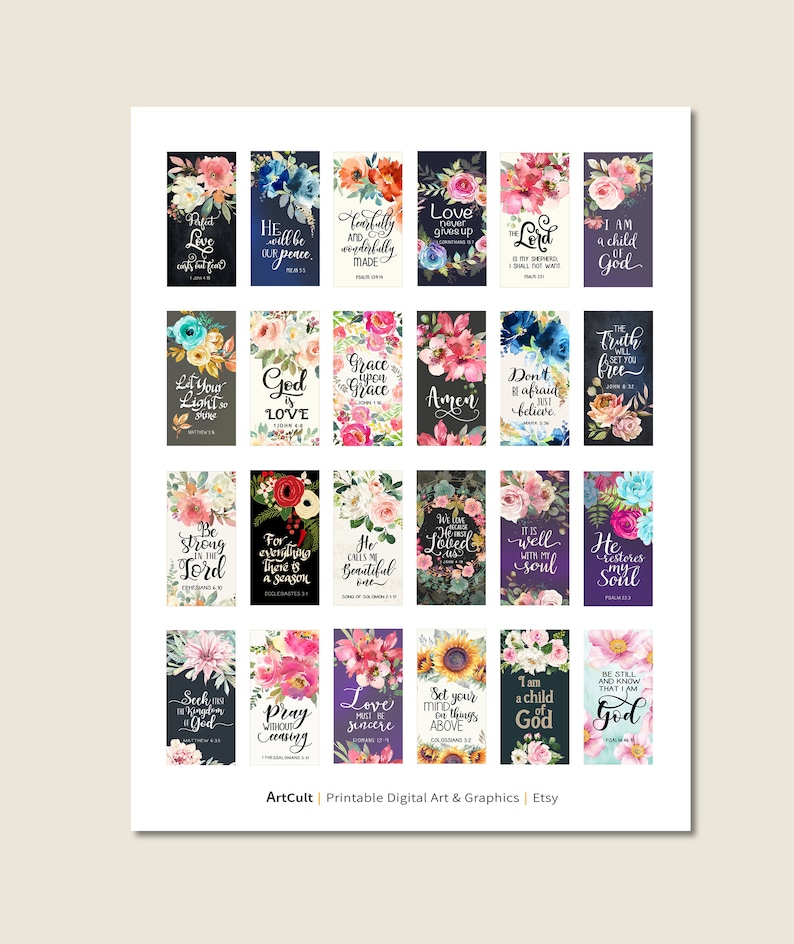 Pu&ograve; includere: Un set di 20 carte floreali digitali stampabili con versetti biblici ispiratori. Ogni carta presenta un diverso design floreale e un versetto biblico in font bianco.