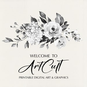 Pu&ograve; includere: Composizione floreale ad acquerello in bianco e nero con un'ortensia e rose. Il testo "Benvenuti ad ArtCult Arte digitale stampabile e grafica" &egrave; sotto i fiori.