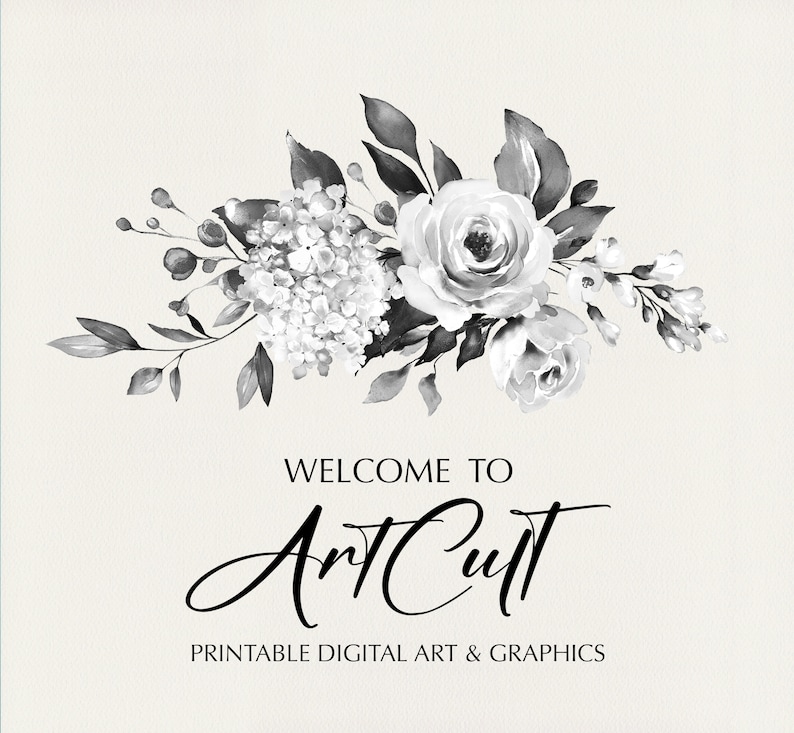Pu&ograve; includere: Composizione floreale ad acquerello in bianco e nero con un'ortensia e rose. Il testo "Benvenuti ad ArtCult Arte digitale stampabile e grafica" &egrave; sotto i fiori.