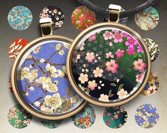 1 inch (25mm) and 1.5 inch round images WASHI YUZEN CIRCLES Japanese Paper Digital Collage Sheet for pendants magnets bottle caps bezel cabs