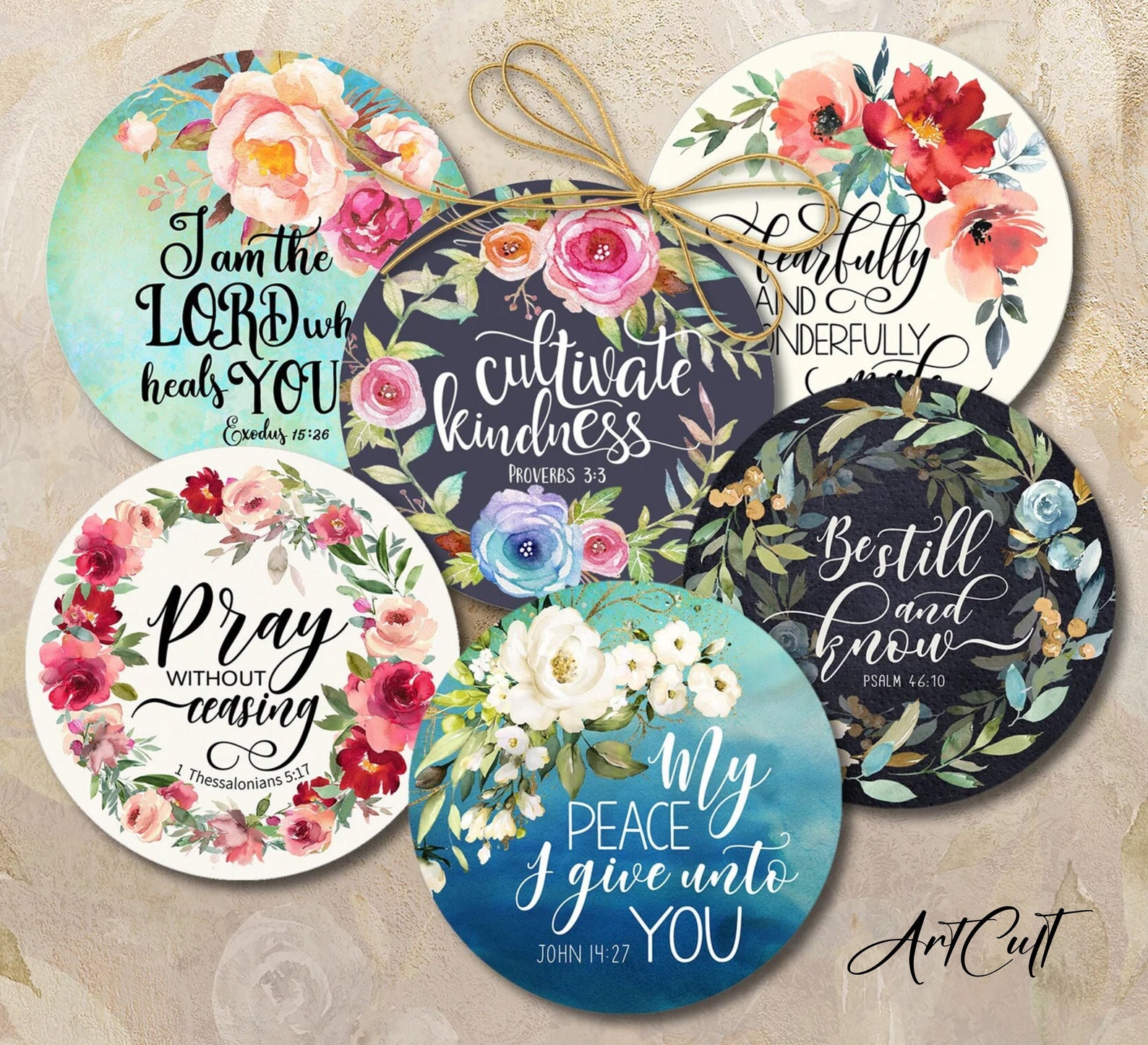 Bible Verse Floral Circles 2-2.5 Inch Printable Designs, PNG ...