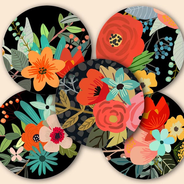 Posavasos de verano imprimibles de 10 cm con diseños florales circulares (descarga digital PNG JPG)