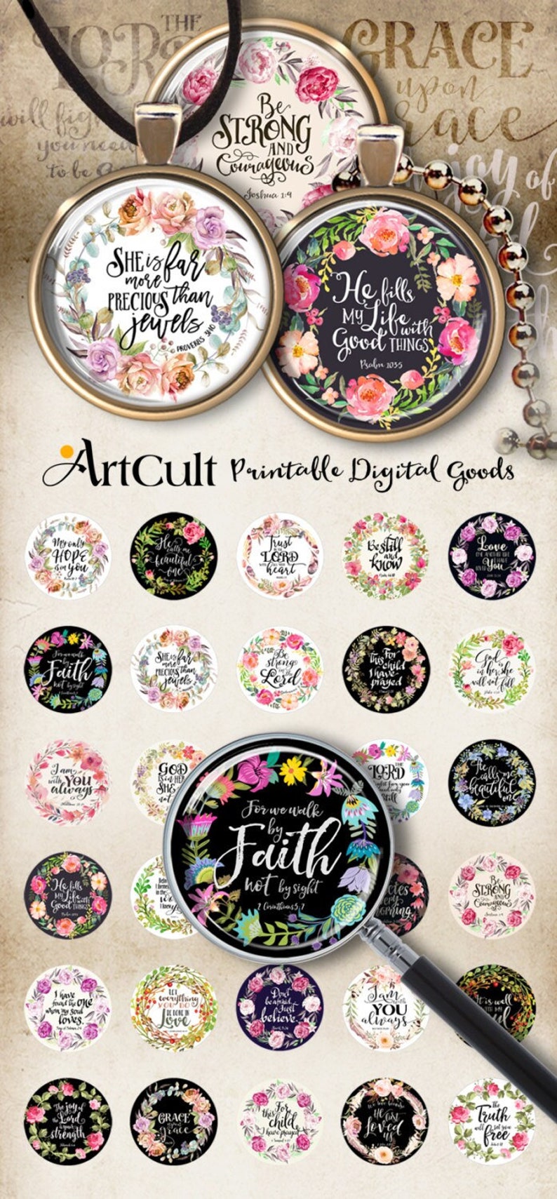 1 1.2 1.5 inch 25, 30, 38 mm size Printable download BIBLE VERSES set 1 circle images for round pendants, cabochons, magnets, ArtCult image 1