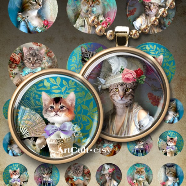 Printable download LADY CAT Digital Collage Sheet 1 inch and 2 inch circle images for pendants magnets scrapbooking paper by ArtCult