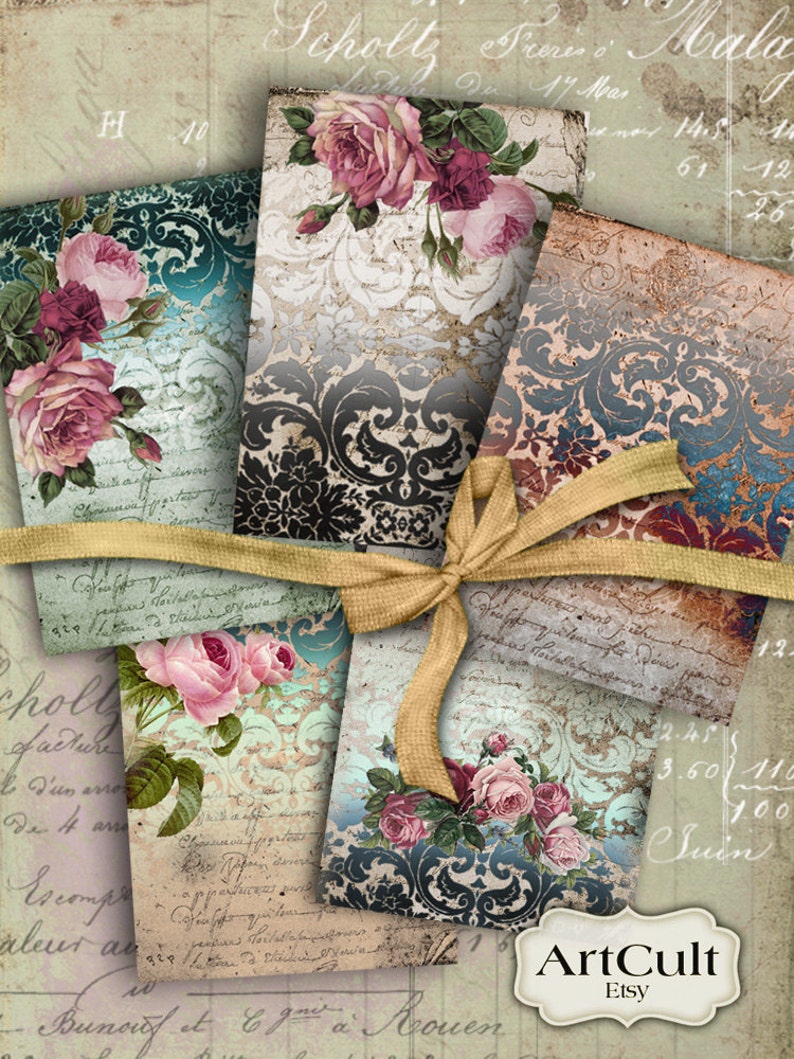 Printable Download VICTORIAN DAMASK Gift Tags Digital Collage Sheet Jewelry holders craft paper Greeting cards Shabby Labels Art Cult