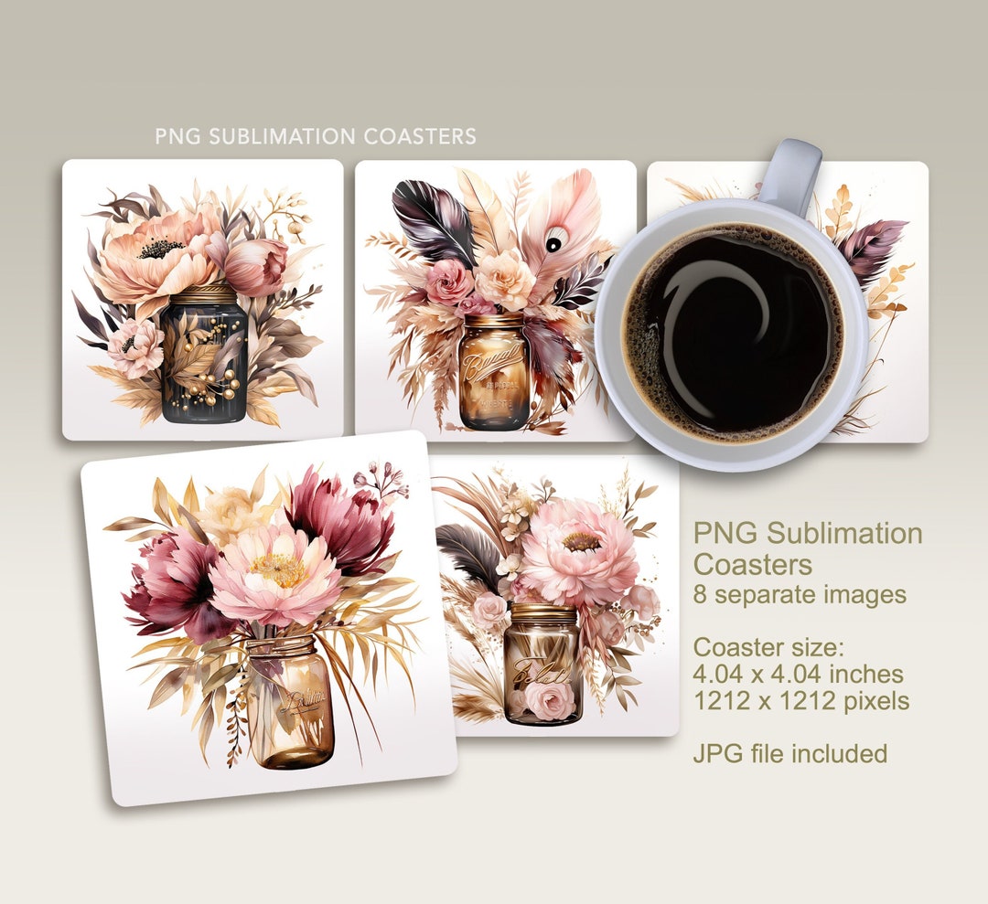 4x4" Printable Coasters, 8 Designs, Sublimation PNG + JPEG Instant