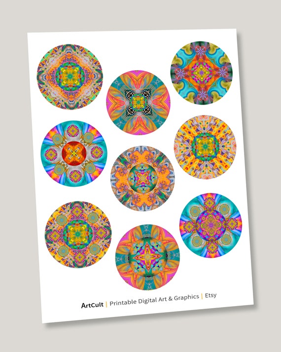 Printable 2.5 Inch Circles, Digital Download KALEIDOSCOPE MANDALAS for  Pocket Mirrors, Magnets, Paper Weights, Cupcake Toppers by Artcult 