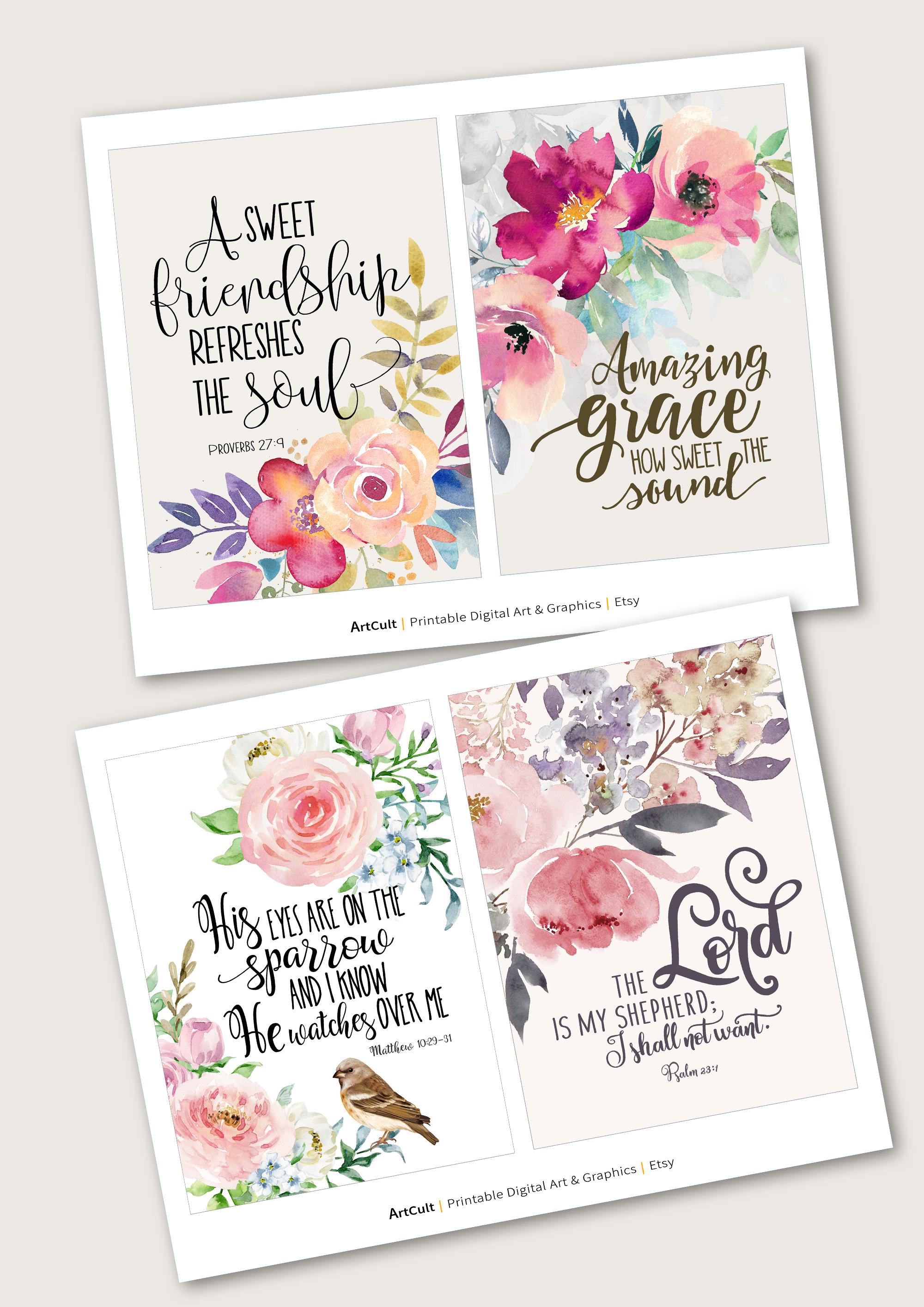 Christian Floral Bible Verse Printable Set, 5x7 Watercolor Scripture ...