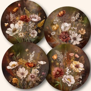 May include: Four round printable art prints featuring a floral bouquet with red, white, and yellow flowers on a brown background.