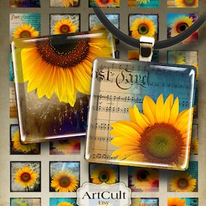 1x1 inch 25x25 mm and 7/8x7/8 inch images SUNFLOWERS Digital Collage Sheet Printable downloads for square pendants bezel trays and magnets image 1