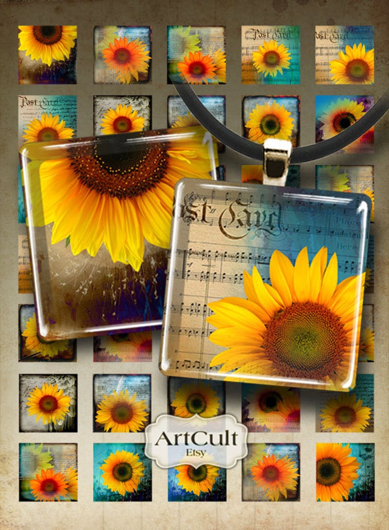 1x1 inch 25x25 mm and 7/8x7/8 inch images SUNFLOWERS Digital Collage Sheet Printable downloads for square pendants bezel trays and magnets image 1