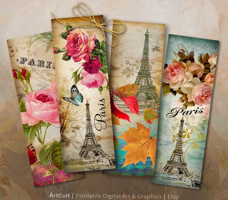 Printable Bookmarks Instant Digital Download PARIS for gift tags, jewelry holders, scrapbooking, sublimation PNG JPG formats. By ArtCult image 1