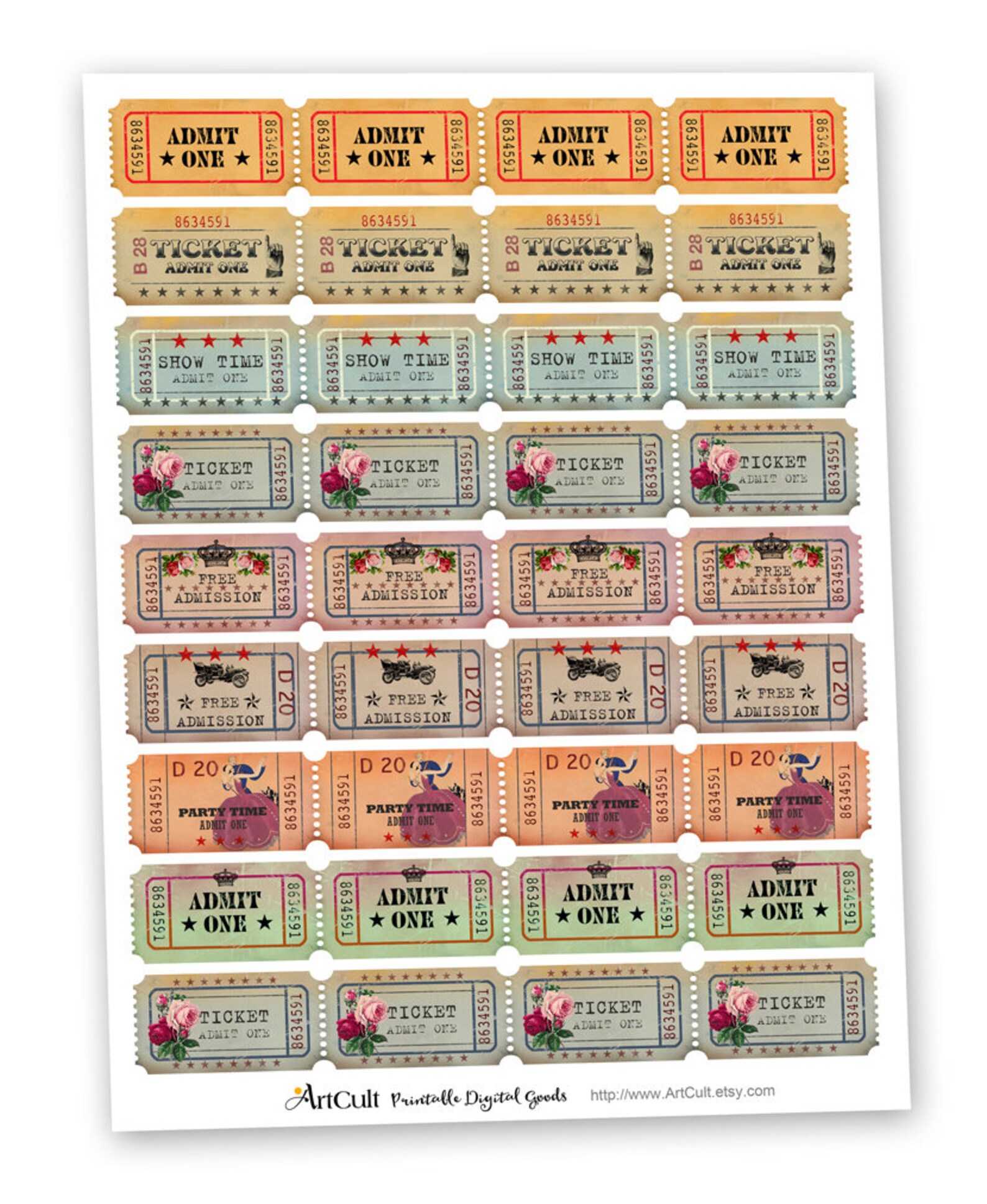 Printable Download ADMIT ONE Vintage Style Party Tickets for Etsy