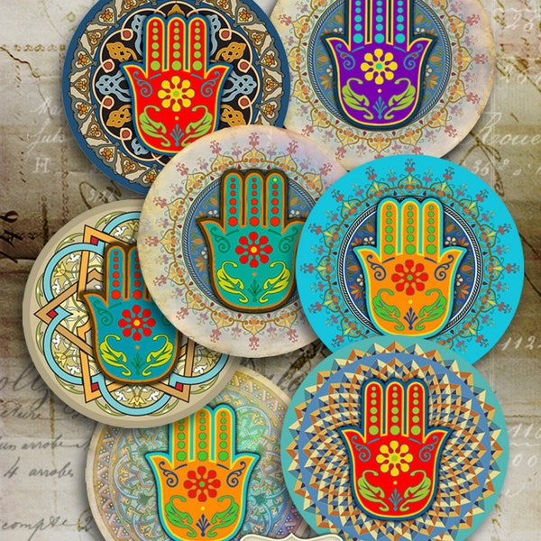 Printable Digital Collage Sheets FATMA'S HAND 2.5 inch Moroccan Hamsa Spiritual Amulet images for Pocket Mirrors Magnets Paper Weights