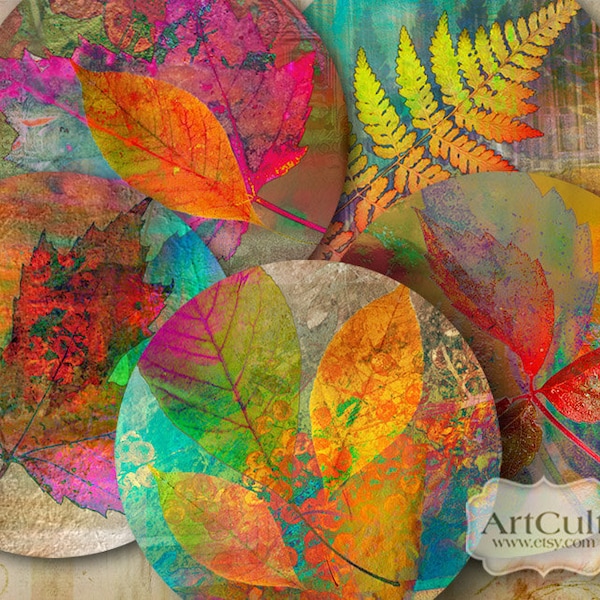 Printable Collage Sheets digital download AUTUMN LEAVES 2.5" size circle images for Pocket Mirrors Magnets Paper Weights. ArtCult designs