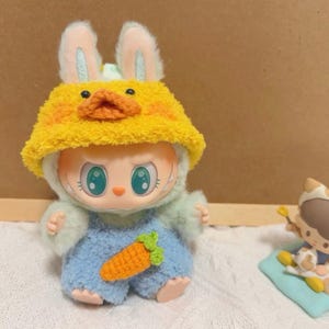 Handmade Labubu Doll Clothes Set - Yellow Duck Hat & Carrot Overalls Set (Doll Not Included)
