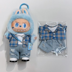 Labubu Doll Clothes Set - Plaid Shirt, T-shirt, Ripped Jeans, Shoes, Necklace & Game Charm (Doll not included) Halloween Gift