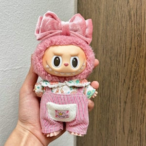 Labubu Doll Clothes Set - Bow Headband with Shirt & Striped Overalls (No Doll Included)