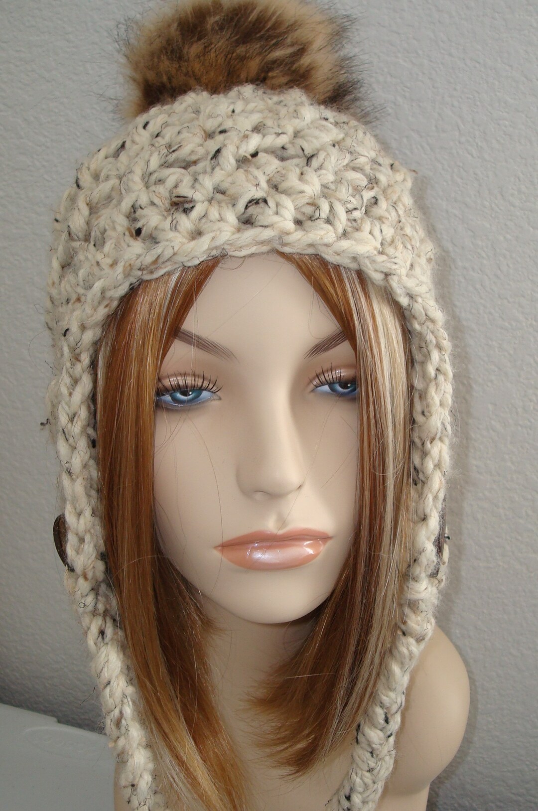 Crochet Winter Mountain Ski Hat W/faux Fur Pom Pom/button Accents/ski