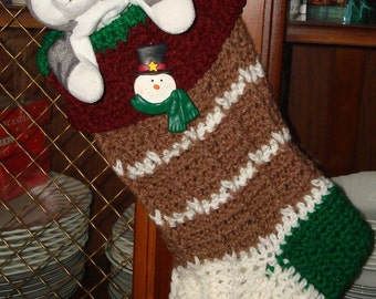 Christmas Ribbed Stocking/Crochet Stocking/Cafe Brown, Soft White, Green, and Burgandy/Christmas Decoration/Holiday Stocking/Home decor/