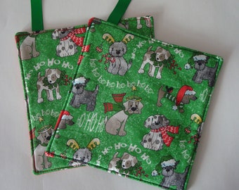 Christmas set of 2 Potholders/Green w/Glitter Christmas Doggies Ho Ho Ho Merry Christmas Potholders/8x8 inch thick potholders/Christmas