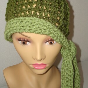 Chemo Crocheted Hat with ties/Cloche hat/Chemo hat/Olive and lettuce green/Beanie cloche hat with ties/Lightweight/Spring or Summer hat
