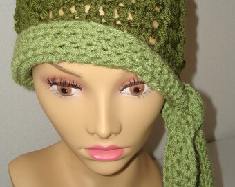 Chemo Crocheted Hat with ties/Cloche hat/Chemo hat/Olive and lettuce green/Beanie cloche hat with ties