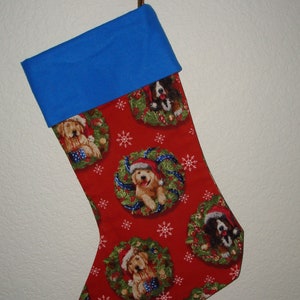 Christmas Stocking/Dog in Wreath Christmas Stocking Print w/Blue Flannel Cuff/Fur Baby Stocking/Doggie Stocking/Dog Stocking/Dog w/Christmas