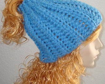 Hand Crocheted Sky Blue Messy Ribbed bun hat/Ponytail Ribbed hat/Winter Messy Bun Hat/Slouchy Messy Bun Hat/Women's Accessories/Beanie