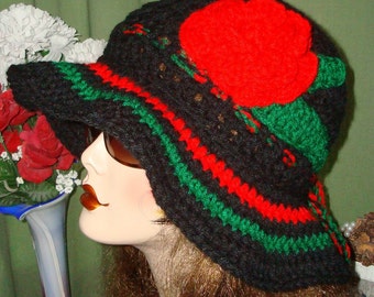 Hand Crochet Cloche Sun Hat Style II Black w/Red and Green Accents/Summer Cloche Hat/Women's Accessories/Fall Accessories/Fashion Beach Hat