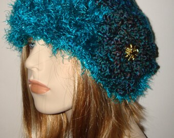 Hand Crochet Lagoon Teal Cloche Hat with a Sparkle Teal Fur Trim/Clearance/Winter Fashion/Women's Accessories/Teen Accessories/Winter Hat