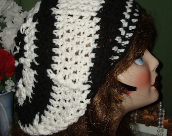 Clearance/Hand Crochet Chic Cabled Summertime White & Black Slouchy Rasta Tam/Slouchy Beret/Women's or Men's Accessories/Unisex/Slouchy Tam