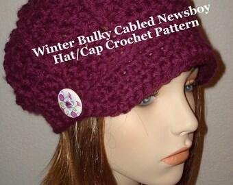 Pattern Only/Women's Eggplant Crocheted Fashion Winter Bulky Newsboy Cap Hat/Soft and Warm/Crochet Hat Pattern/Fashion Newsboy Hat Pattern