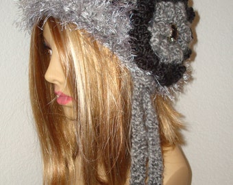 Hand Crochet Soft Cloche Hat w-Novelty Fur Trim/Black and Gray/Winter Accessories/Women's Accessories/Fall Fashion/Beanie Hat