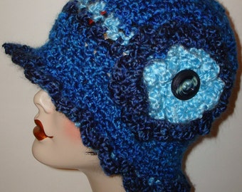 Crochet 1920's Style Ruffle Trimmed Cloche Flapper Hat/Blues/Cloche Hat/Fashion/Women's/Winter Hat/Fall Cloche Flapper
