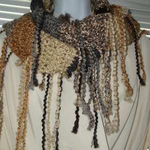 Clearance/OOAK Chic Shabby Crochet Fringe Scarf/Earth Tones/Fringe Scarf/Women&#39;s/Fringe Cowl/Neckwarmer/Winter Scarf/Fall Cowl/Scarf